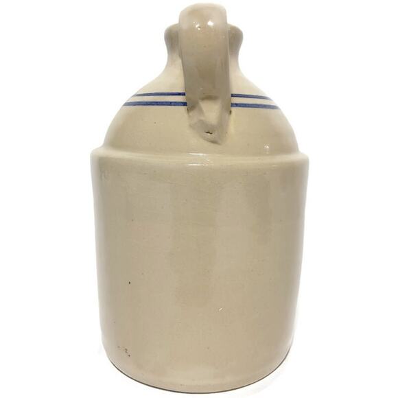 Stoneware Whiskey Jug Crock Beige With Blue Stripes 8.25" Tall - Picture 3 of 6